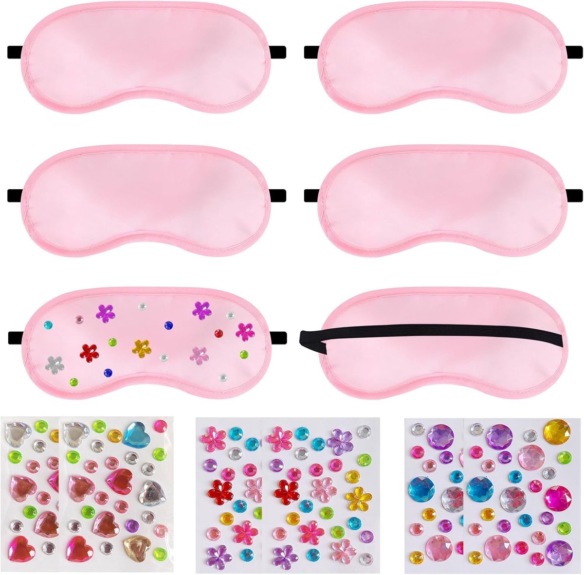 SnelShoppen - Kinderoogmasker set van 6 stuks voor meisjes, kleurrijke DIY slaapmaskers, roze spa party en pyjama feest accessoires, knutselplezier vo