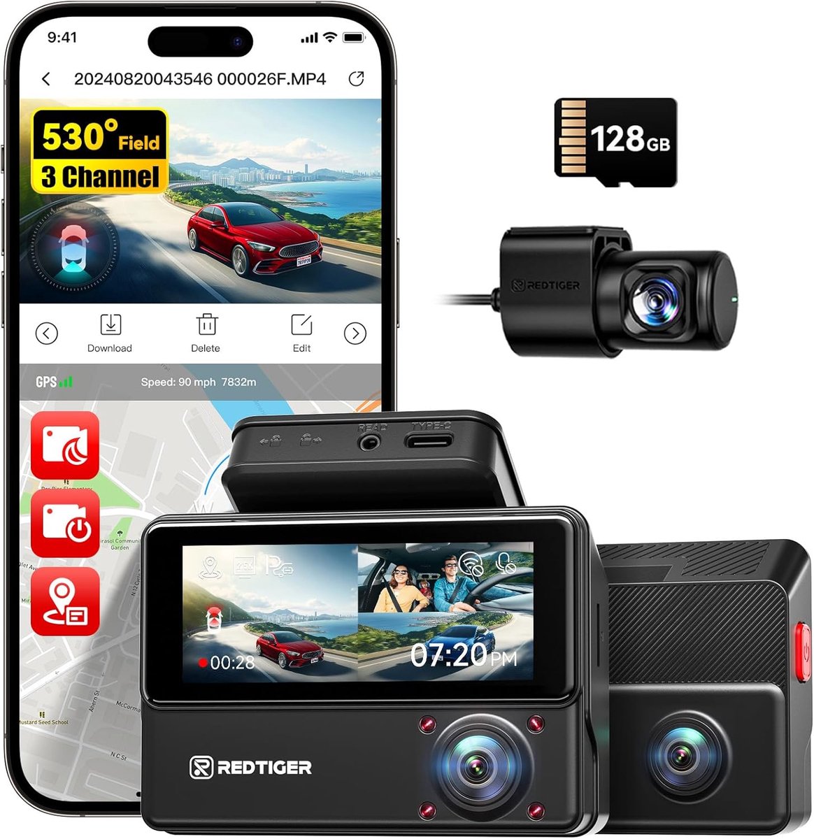 SnelShoppen - 3-Kanalen Dashcam Auto 2,5K+2,5K+1080P met 128 GB Kaart, IR Nachtzicht, Touchscreen, WiFi, GPS, 24-Uurs Parkeermodus voor Voorzijde, Int