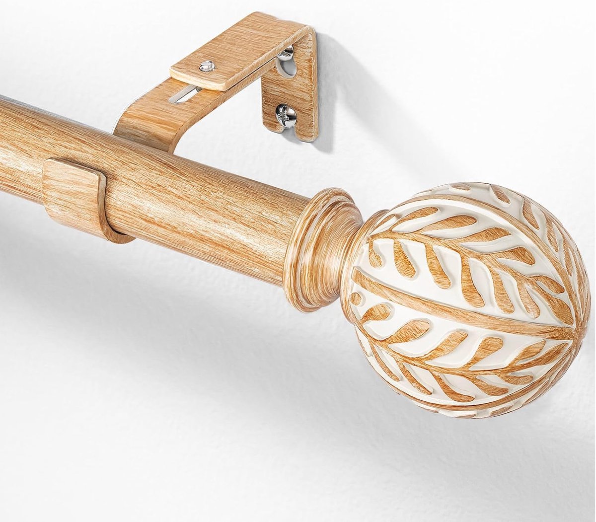 SnelShoppen - Uittrekbare gordijnroede houtlook 76-219 cm, Ø 25 mm, metalen kern met bladpatroon, bruin, voor ramen en deuren