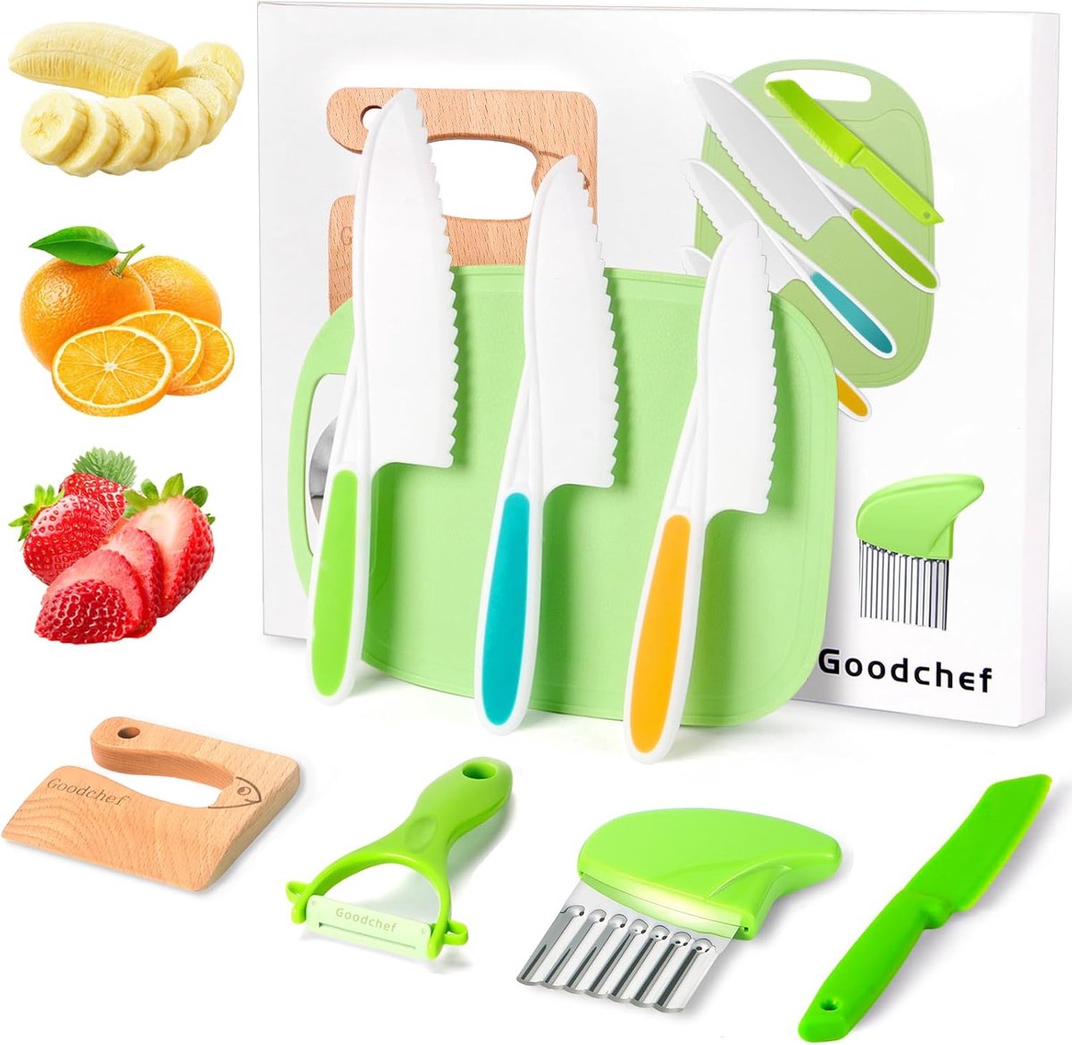 SnelShoppen - Goodchef Kindermes Set - 8-delige Houten Messen Set voor Kinderen - Veilig Montessori Snijgereedschap - BPA-vrij - Cadeau Idee voor Kind
