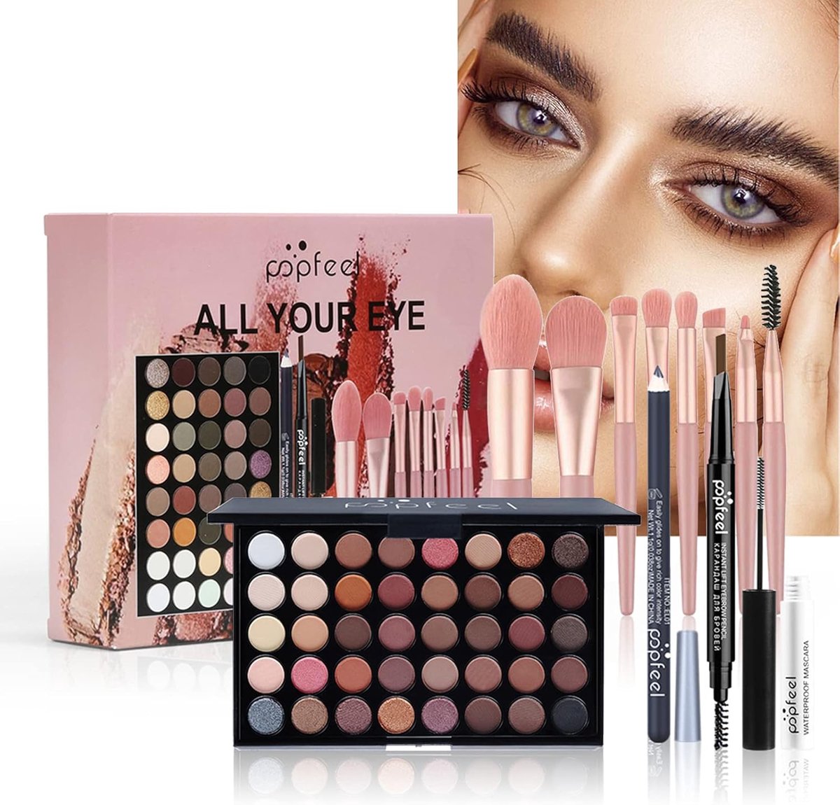 SnelShoppen - 40 Kleuren Oogschaduw Palet Make-up Set met Mascara, Wenkbrauwpotlood, Eyeliner en Cosmetische Kwast - Professionele Draagbare Reisset v