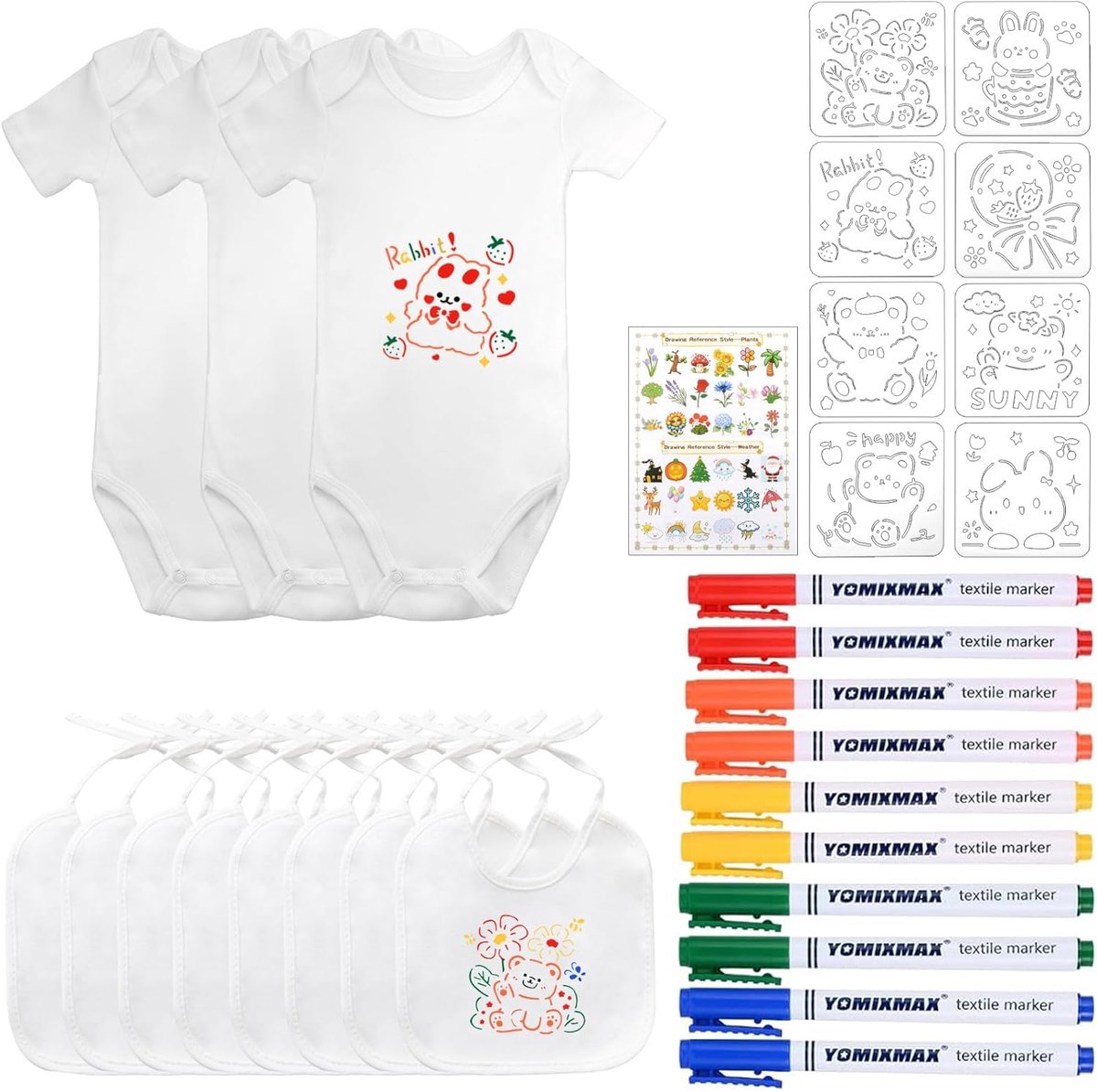 SnelShoppen - 8 Witte Slabbetjes Te Schilderen DIY Baby Slabbetje Set Katoen Sjaal 37x19cm met 10 Textiel Stiften en 8 Schilderij Stencils voor Jongen