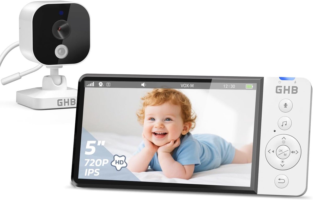 SnelShoppen - HD Babymonitor 5 inch met Video en Audio, Infrarood Nachtzicht, Temperatuursensor, Bidirectionele Intercom, 5000 mAh Batterij, Slaaplied
