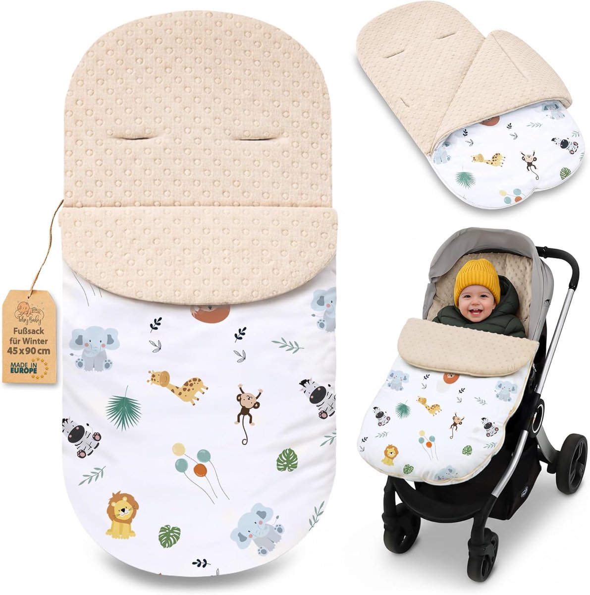 Thijox - Voetenzak Kinderwagen en Buggy Winter 90x45 cm - Warme Inleg Omslagdeken Baby Accessoire Minky Oeko-Tex Safari voor Kinderen