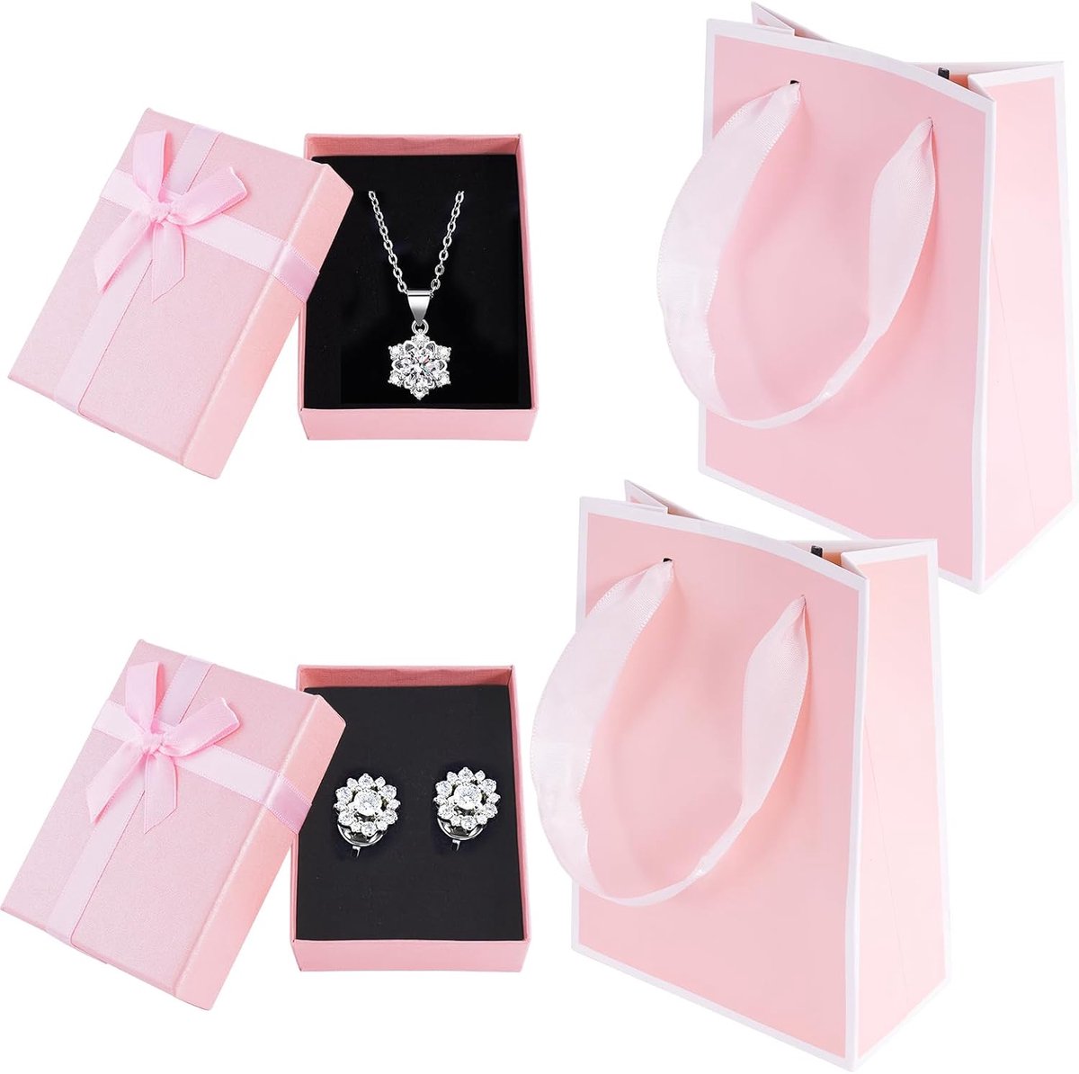 SnelShoppen - 2 Stuks Sieradendoosjes Roze met Geschenkzakje - Compacte Juwelendoos voor Oorbellen en Halskettingen - 9x7x3 cm - Duurzaam Karton - Per