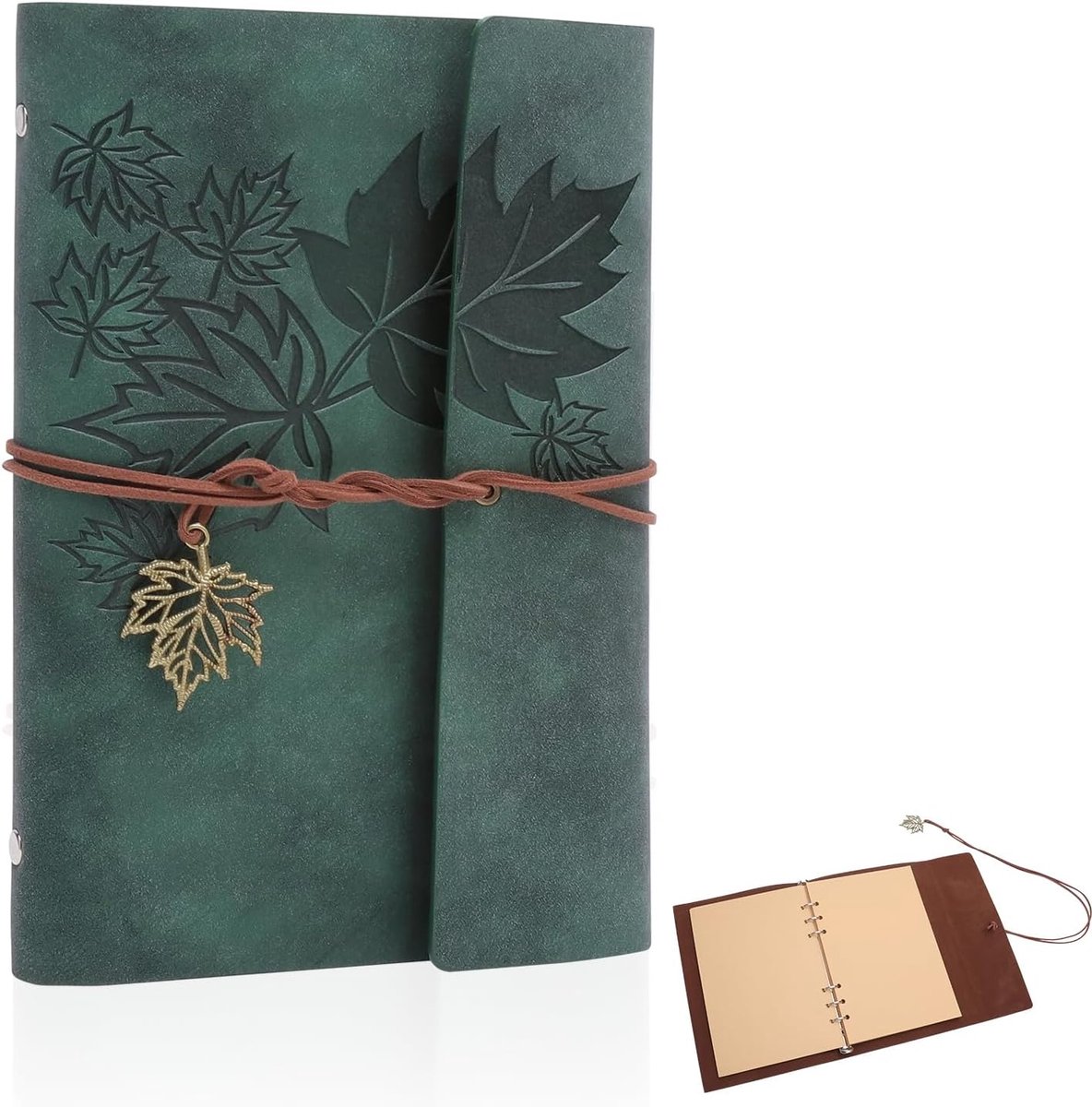 SnelShoppen - Notitieboek A5 PU-leer - Blanco Reisdagboek met Vintage Ringband, 4 Losse Bladvakken en 1 Bladwijzerliniaal, Navulbaar, Leeg Schetsboek