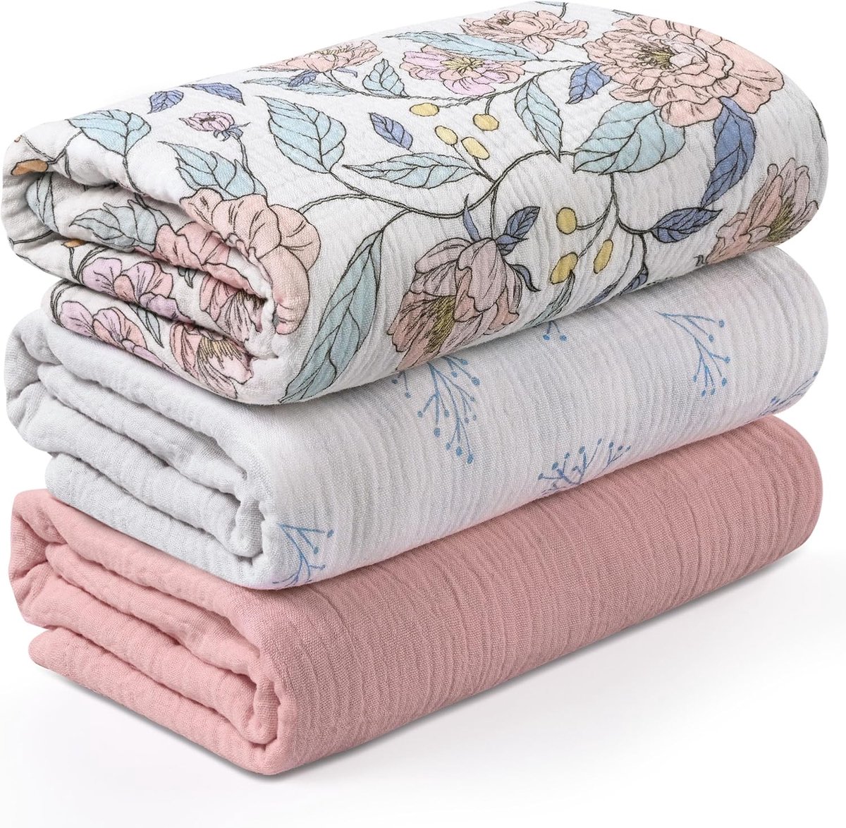 SnelShoppen - Kids Moltondoeken Set van 3 Grote Wikkeldoeken Bloemenfantasie 95 x 100 cm Zachte en Luchtige Swaddles en Spuugdoeken voor Pasgeborenen