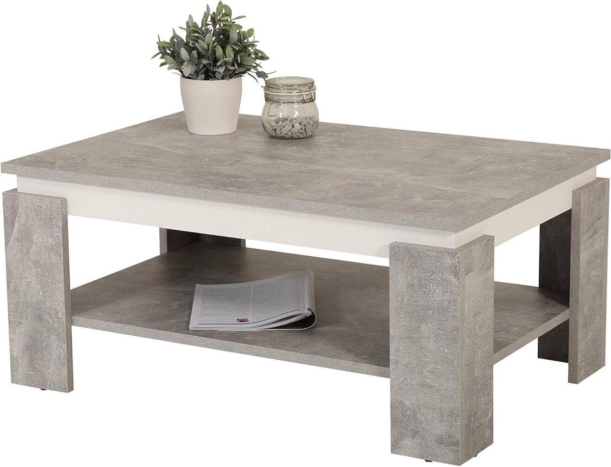Salontafel hout - Koffietafel Bijzettafel - Woonkamer inrichten - Met grote legplank - 90 x 60 x 41 cm - Betonlook/Wit