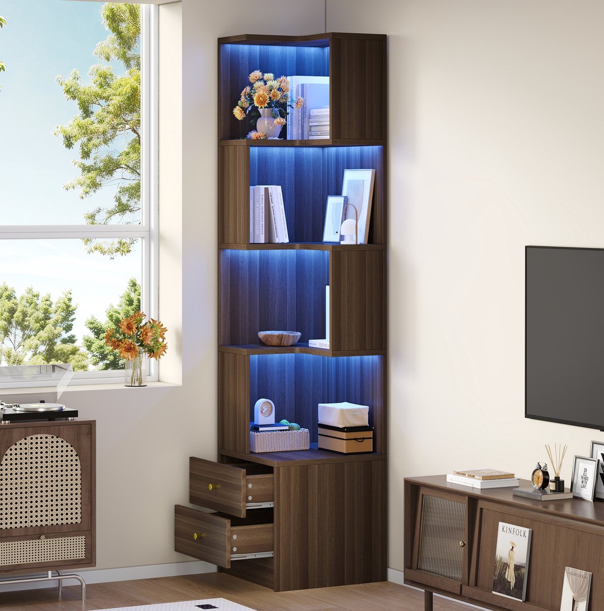 OKWISH Boekenkast - L-Vormig Hoekrek Met App-Bedienbare LED-Verlichting - 4 Open Vakken En 2 Lades - MDF Bruin - 45 x 43,5 x 180 cm