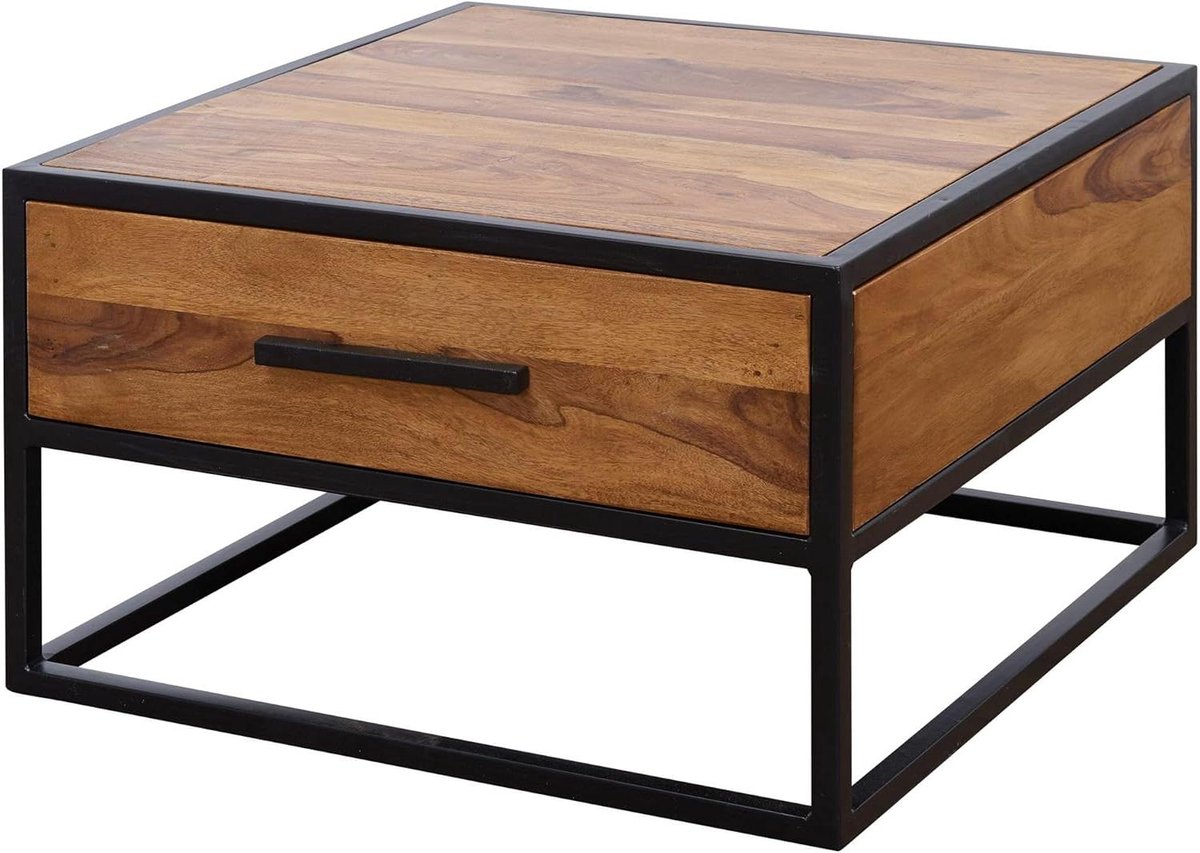 Bijzettafel Hout Metaal - Salontafel Hoektafel - Woonkamer Decoratie - Massief Hout - 65 x 65 x 38 cm