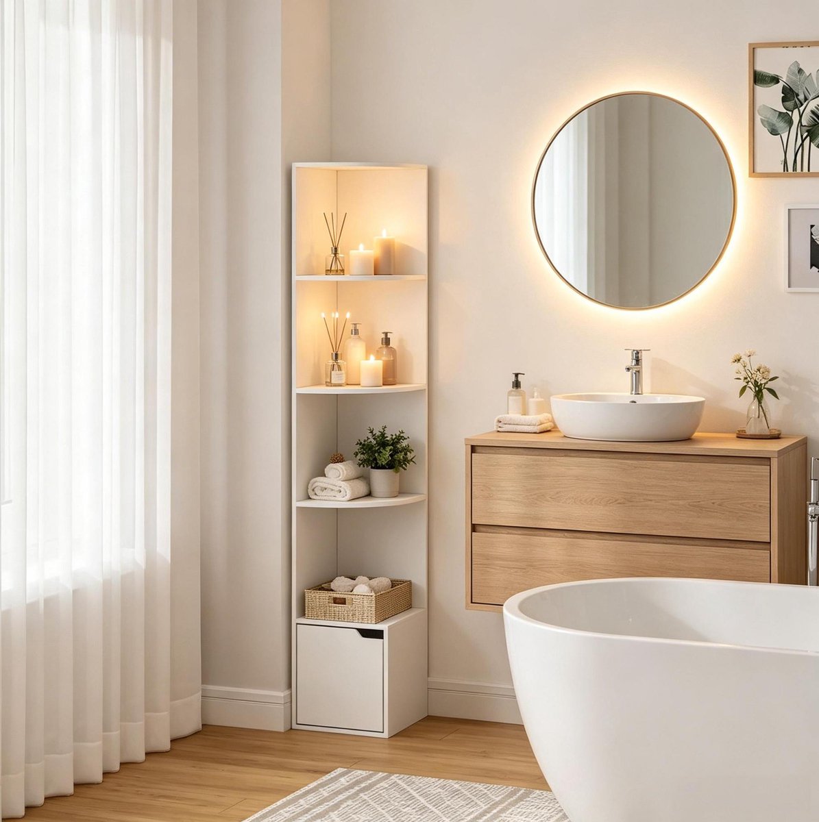 OKWISH Boekenkast - Hoekrek Met 5 Open Vakken En 1 Deur - 29,5 x 29,5 x 157,5 cm - Ruimtebesparend Voor Woonkamer Of Kantoor - Hout Wit