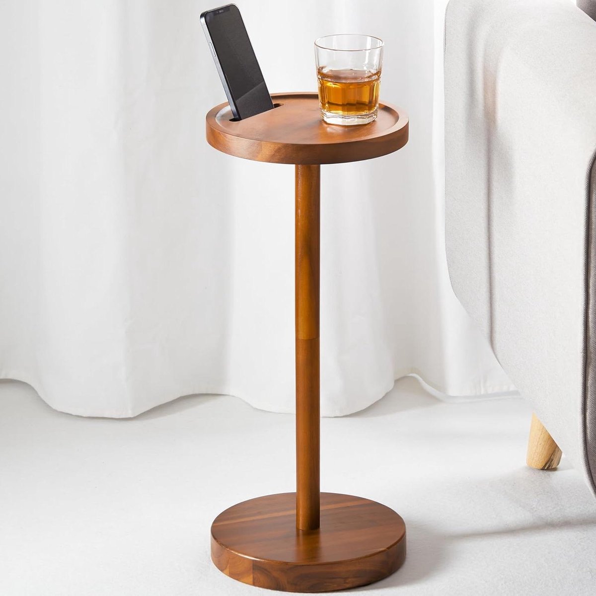 Dranktafel Sokkel - Bijzettafel Telefoonhouder - Dranken Plaatsen - Verzwaarde Basis - 22 inch Hoog - Acacia