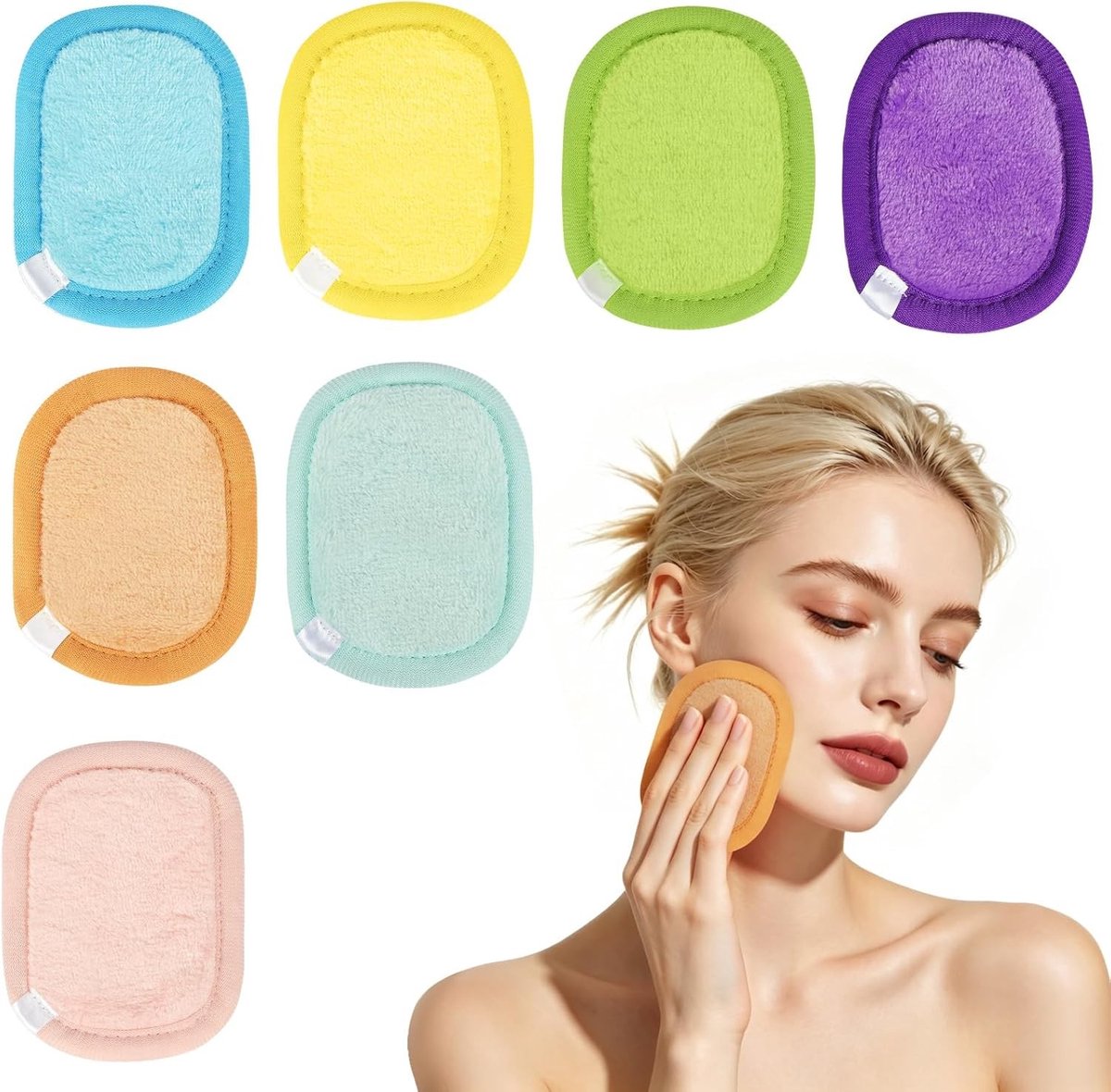 Herbruikbare microfiber make-up remover pads, 7 wasbare doekjes voor gevoelige huid, ideaal voor alle huidtypes en gemakkelijk in gebruik (regenboog kleuren)