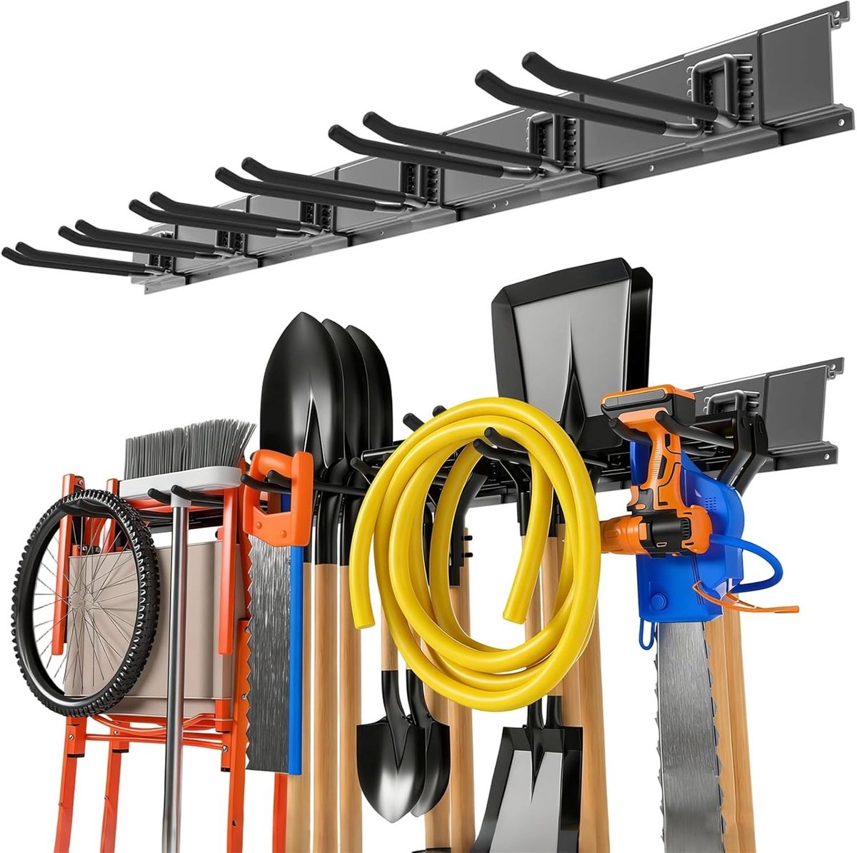 Multifunctionele gereedschapswand voor garage en tuin, 122 cm met 6 verstelbare haken, stevige wandmontage voor optimaal ruimtegebruik en organisatie van gereedschap en sportuitrusting