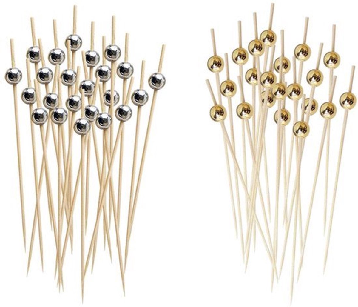 Fruitspiesen 200 stuks - Met ronde parels - 12 cm - Goud en zilver