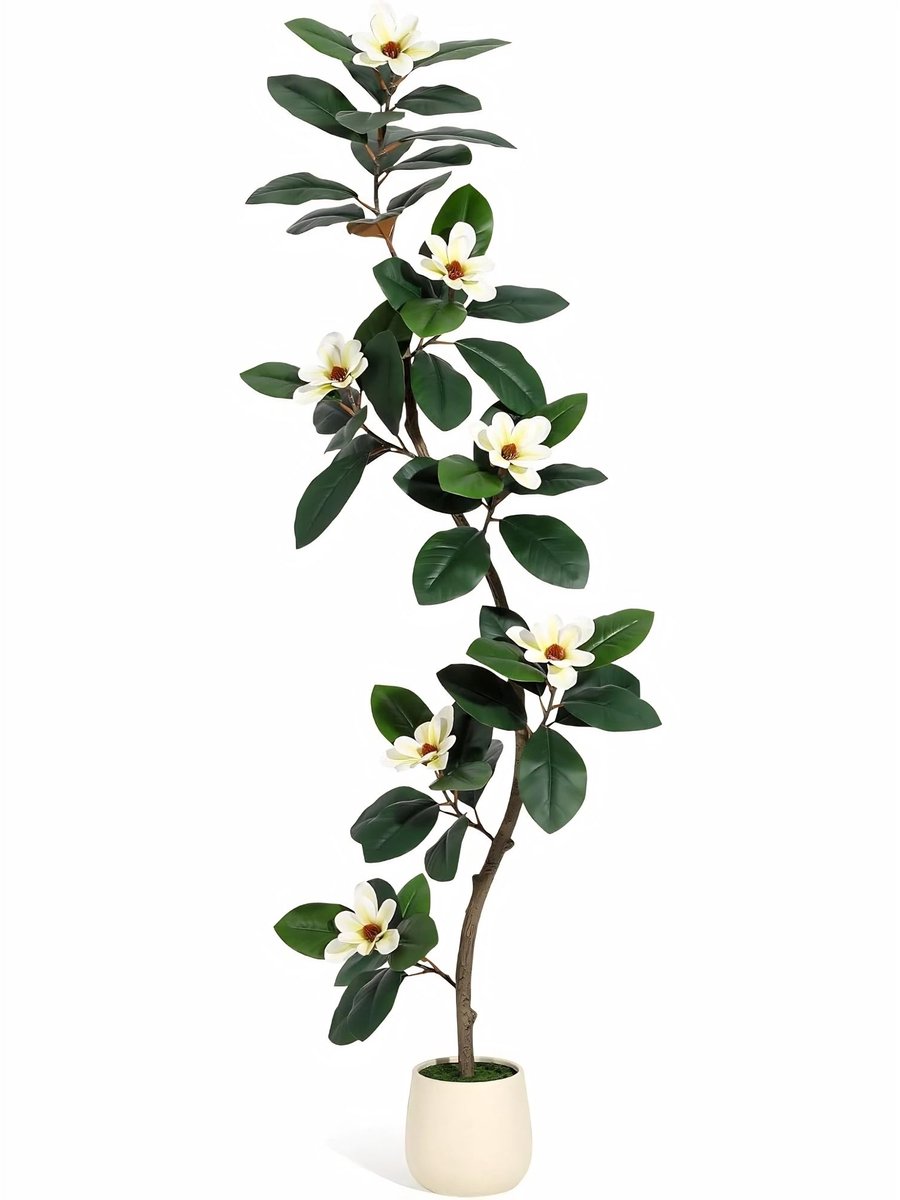 Kunst Rubberboom met Magnolia Bloemen 183cm - S-Vormig Realistisch design - Groen Kunststof met Witte Pot - 213 cm