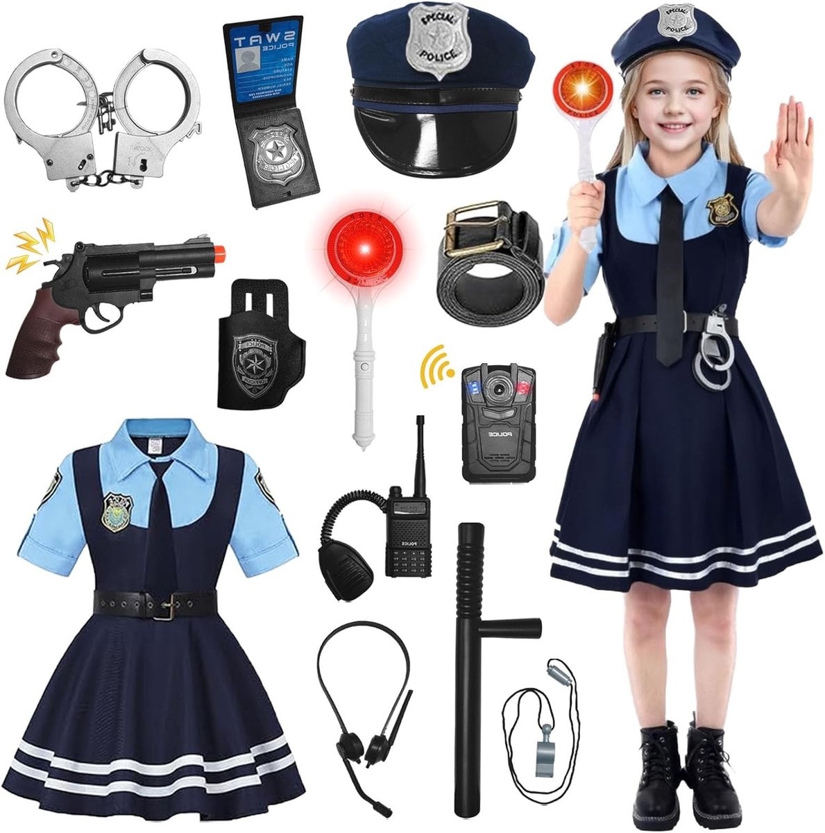 Politie Kostuum voor Kinderen Meisjes met Hoed, Riem, Loopmicrofoon en Handboeien voor Carnaval en Halloween Cosplay