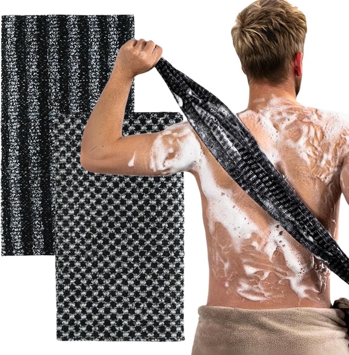 Exfoliërende Douchehanddoeken - 2 Stuks voor Diepe Reiniging en Verwijdering van Dode Huidcellen - Duurzame Badhanddoeken voor Sauna en Spa, Geschikt voor Mannen en Vrouwen (Zwart)