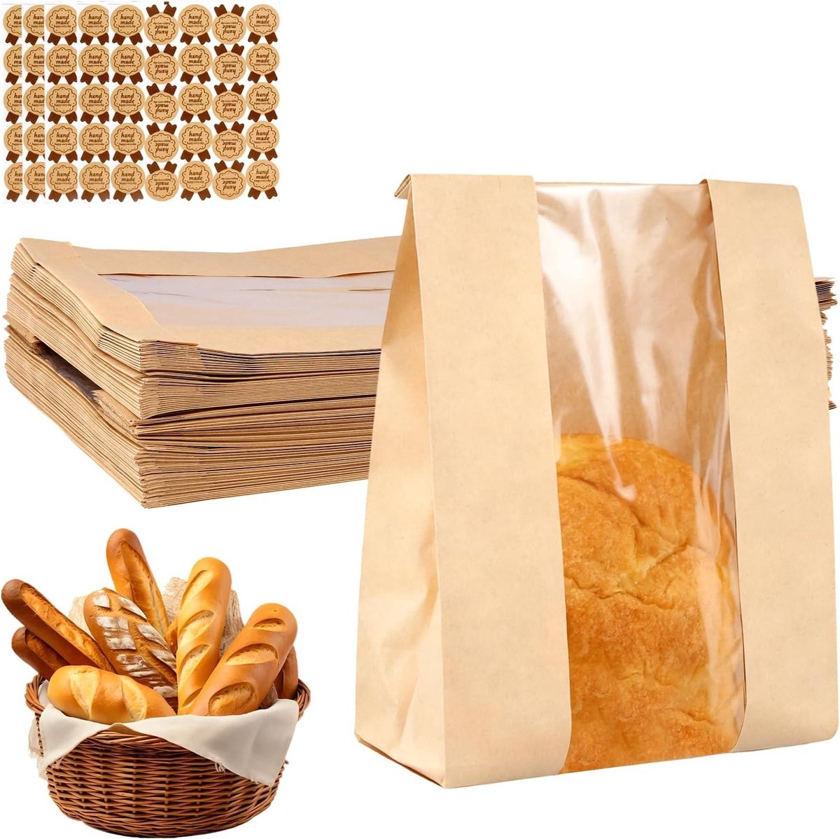 Kraft Papier Broodzakken met Venster - 100 Stuks voor Zelfgemaakt Desem Brood, Verpakking voor Bakkerij en Bewaring met Sluitstickers
