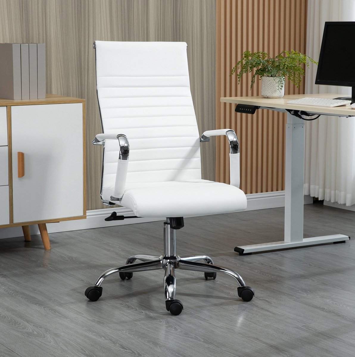OKWISH Bureaustoel - Ergonomische Computerstoel Met Wippfunctie, 360° Draaibare Wielen En Verstelbare Zithoogte - Voor Kantoor En Thuiswerk - Kunstleer - Wit