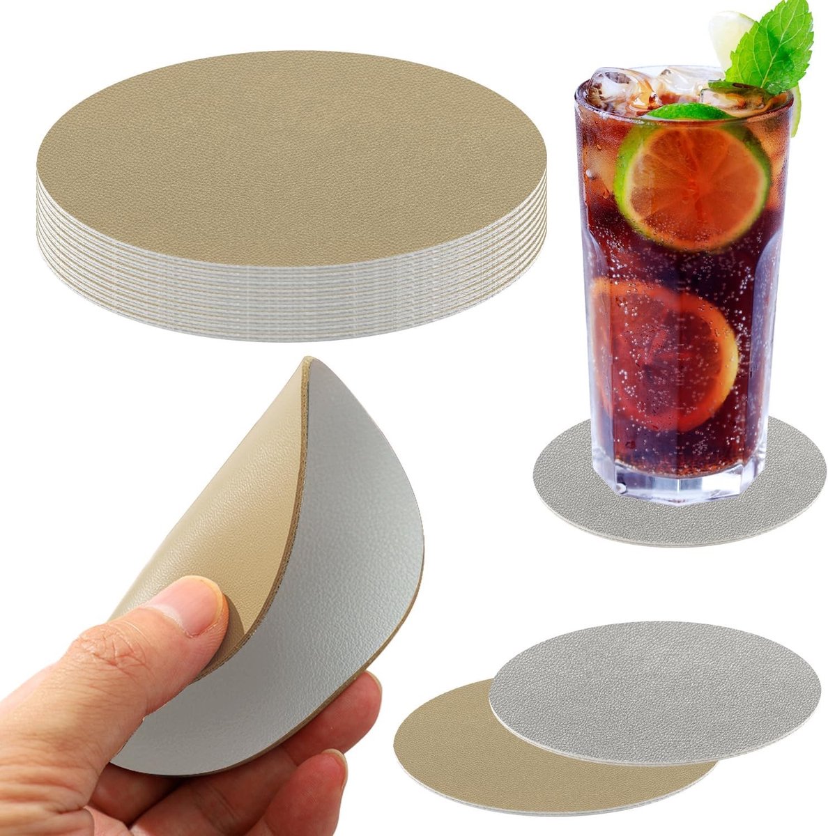 Set van 12 Dubbelzijdige Onderzetters - Hittebestendig, Antislip en Kunstleer in Grijs en Beige - Perfect voor Glazen en Bekers