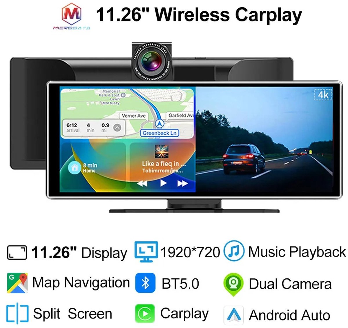Archi Draadloos Apple CarPlay Scherm – Dashcam - 1920 × 720 HD – Bluetooth 5.0 – Navigatie – Touchscreen - Zwart