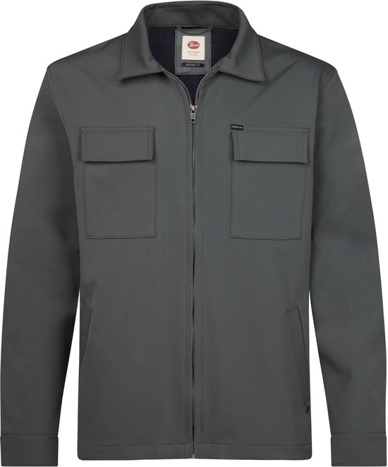 Donkergrijs technisch overshirt met ritssluiting, twee borstzakken en opgestikte labels.