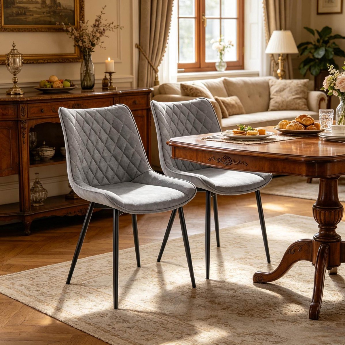 OKWISH Eetkamerstoel – Ergonomisch Gestikt Design – Set Van 2 – Kunstleer En Metaal – Grijs – Voor Eetkamer, Woonkamer Of Ontvangstruimte