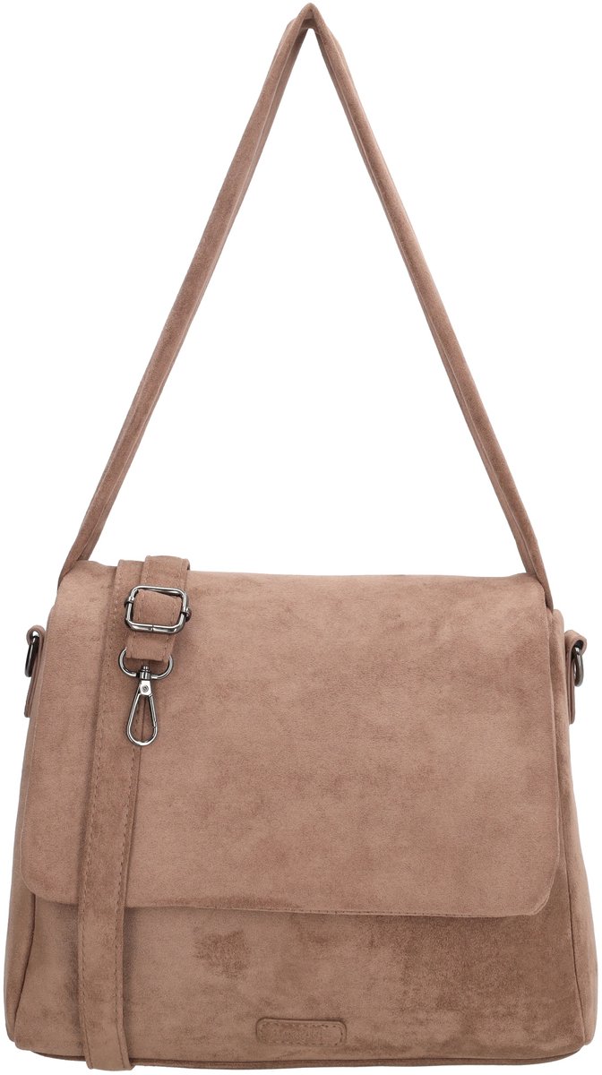 Beagles Ako Schoudertas - Faux Suede - Dames Tas - Overslag met Druksluiting - Afneembare Schouderband - Ritssluiting - Crossbody - Taupe