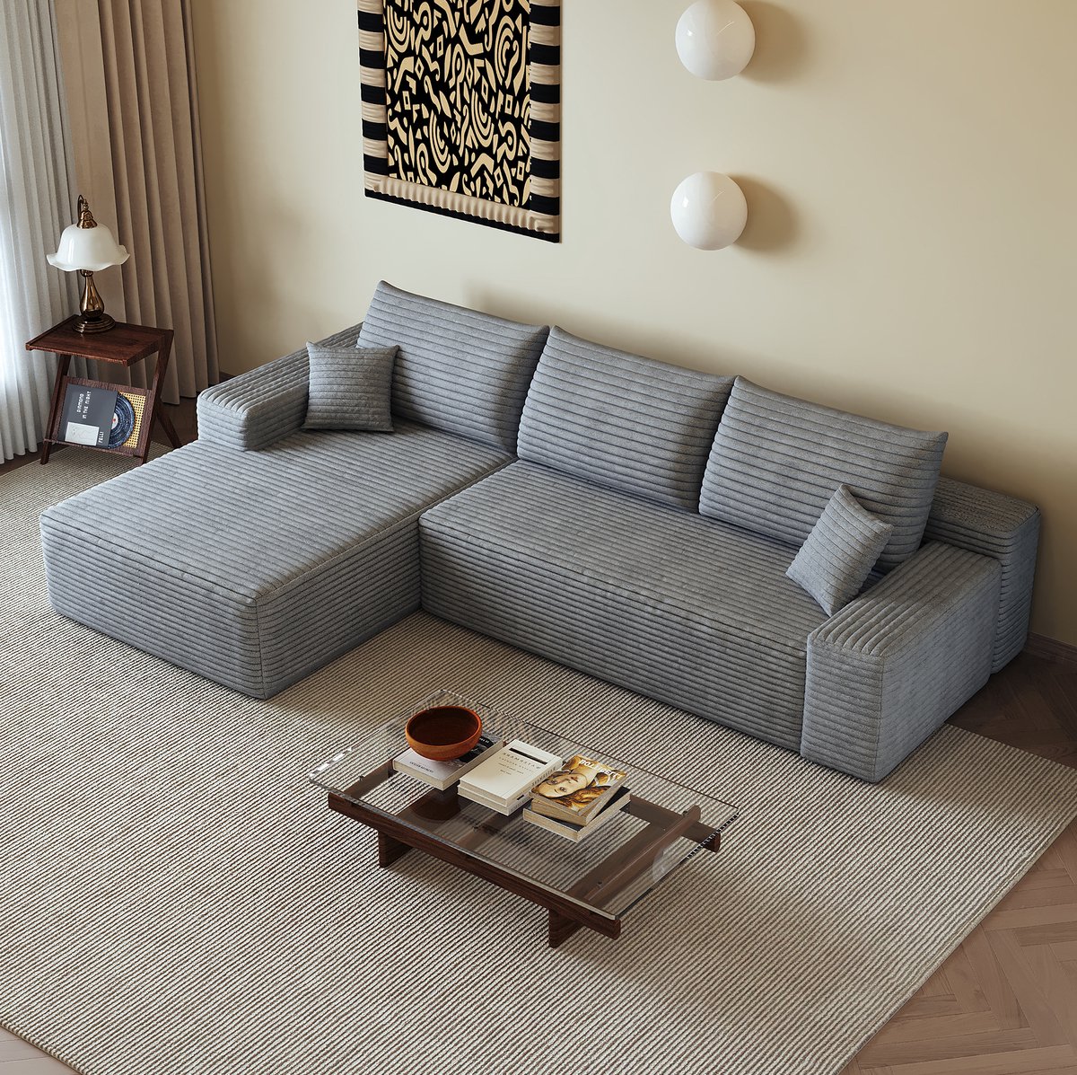 MIVRAY Hoekbank 270 cm - Modulaire Bank Met L-vormige Chaise Longue En Diepe Zit - Voor Woonkamer Slaapkamer En Appartement - Corduroy Grijs
