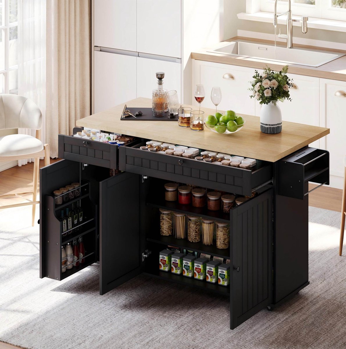 COVREO Keukenkast 137 x 89,5 x 45 cm - klapbaar werkblad, lades, kast en zwenkwielen, zwart