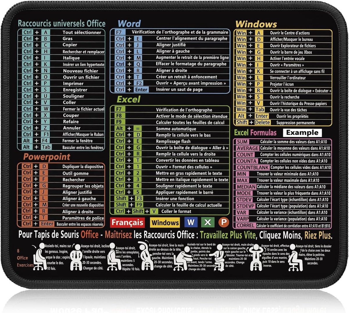 Antislip muismat met afkortingen van Excel, Word en PowerPoint, genaaide randen, 250 x 300 x 2 mm, ideaal voor kantoor en thuisgebruik
