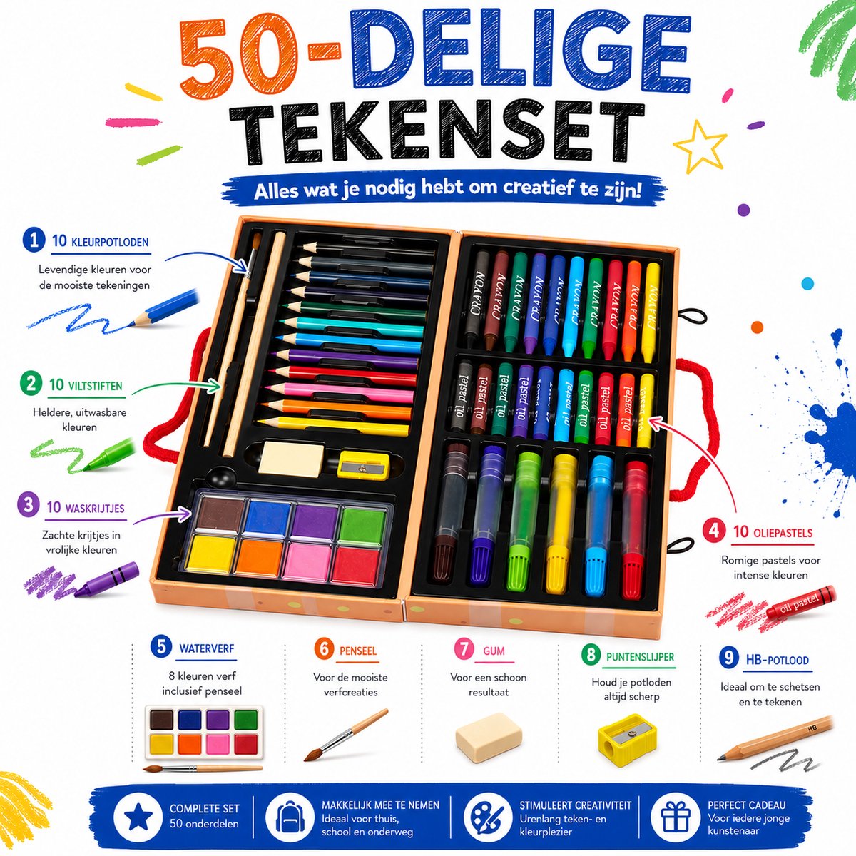 Benza – Teken- en Kleurset 50-delig – Kleurpotloden, Viltstiften, Waskrijtjes, Oliepastels en Waterverf – Creatieve Tekenset voor Kinderen