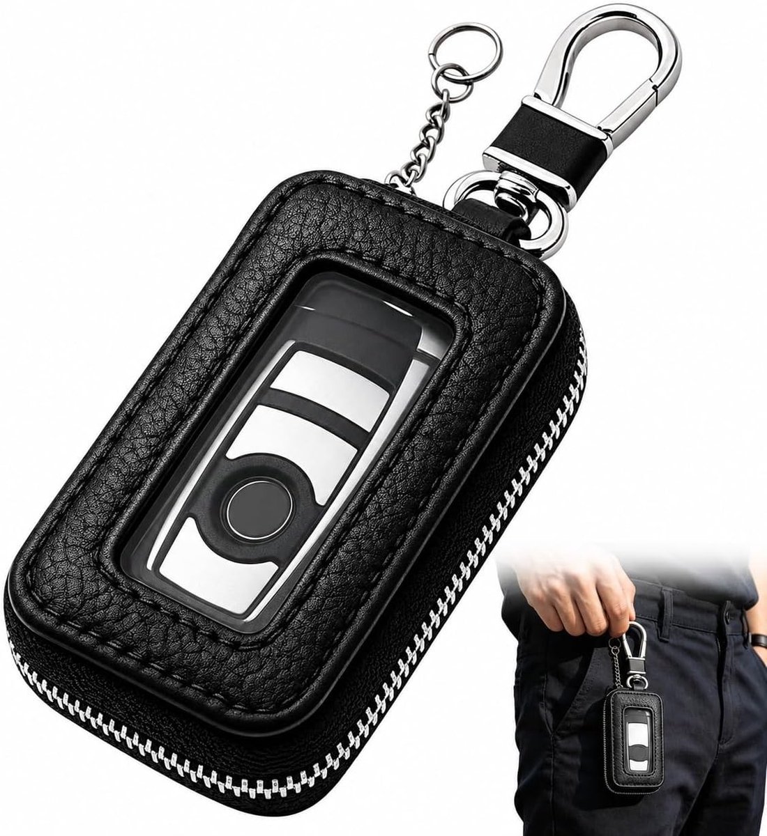 Universele Lederen Autosleutelhoes met Rits en Sleutelring voor Smart Keys en Afstandsbedieningen - Zacht en Duurzaam (Zwart)