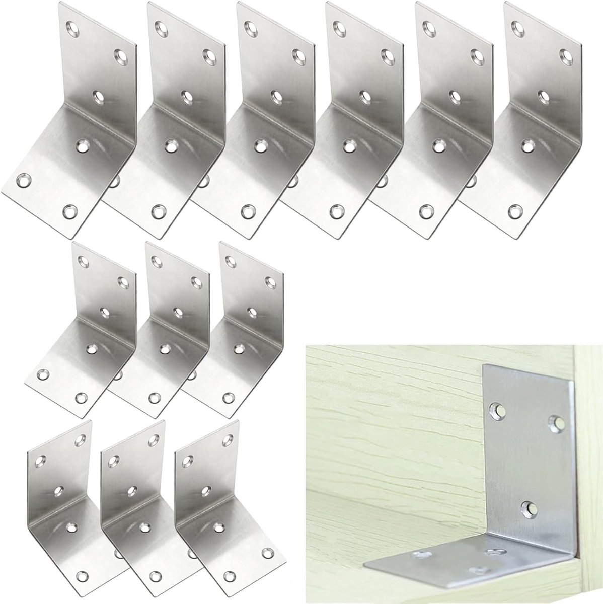 Set van 12 Verstevigde Hoekbeugels van RVS, L-vormige Hoekprofielen voor Meubelreparatie en Bevestiging (4.8 x 6.5 x 6.5 cm)