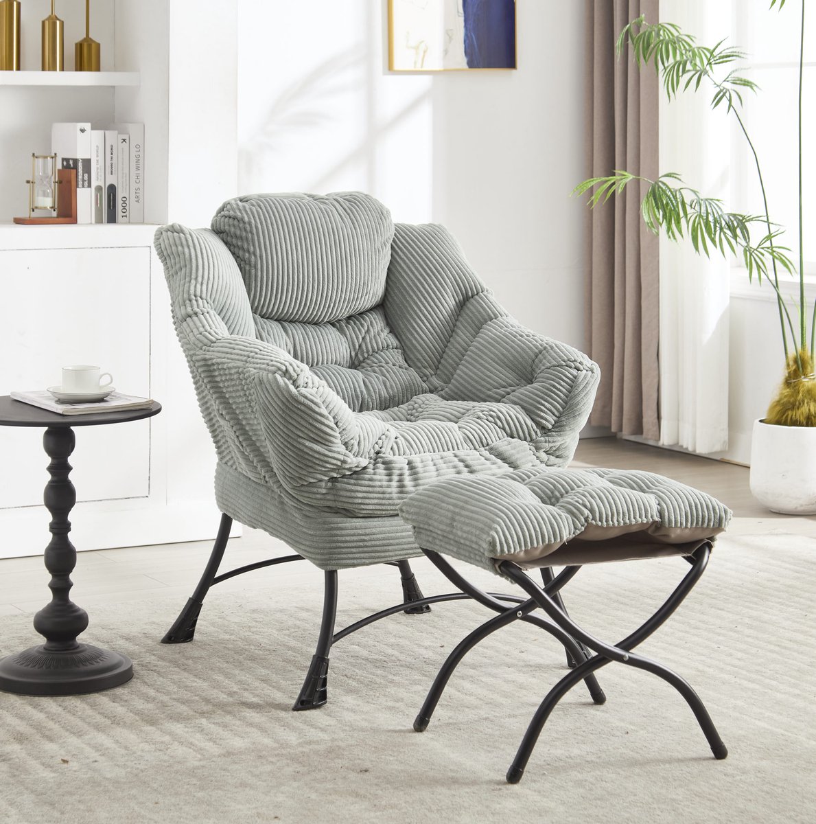 DESMIU Fauteuil 70 x 64 x 95 Cm - Met Hocker, Armleuningen En Zijvak - Voor Woonkamer En Leeshoek - Stof En Metaal - Lichtgroen
