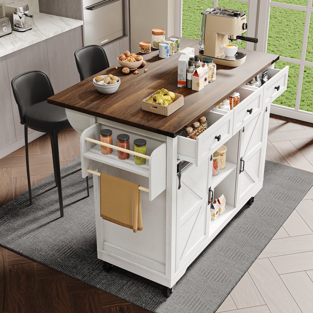 COVREO Keukeneiland 140x45x94 cm - uitklapbaar werkblad, 3 lades, 2 schuifdeuren, beige