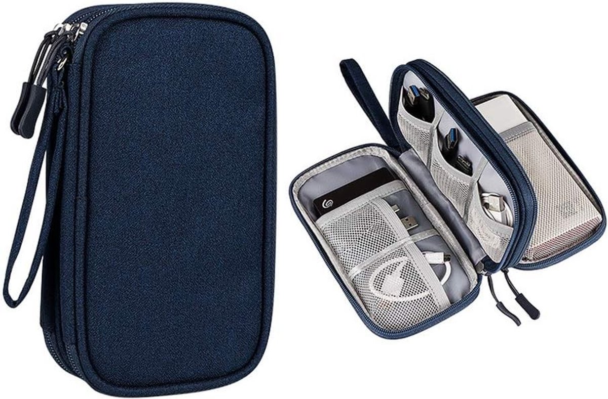 Draagbare Organizer voor Elektronische Accessoires met Ruimte voor Opladers en USB-sticks (Donkerblauw)