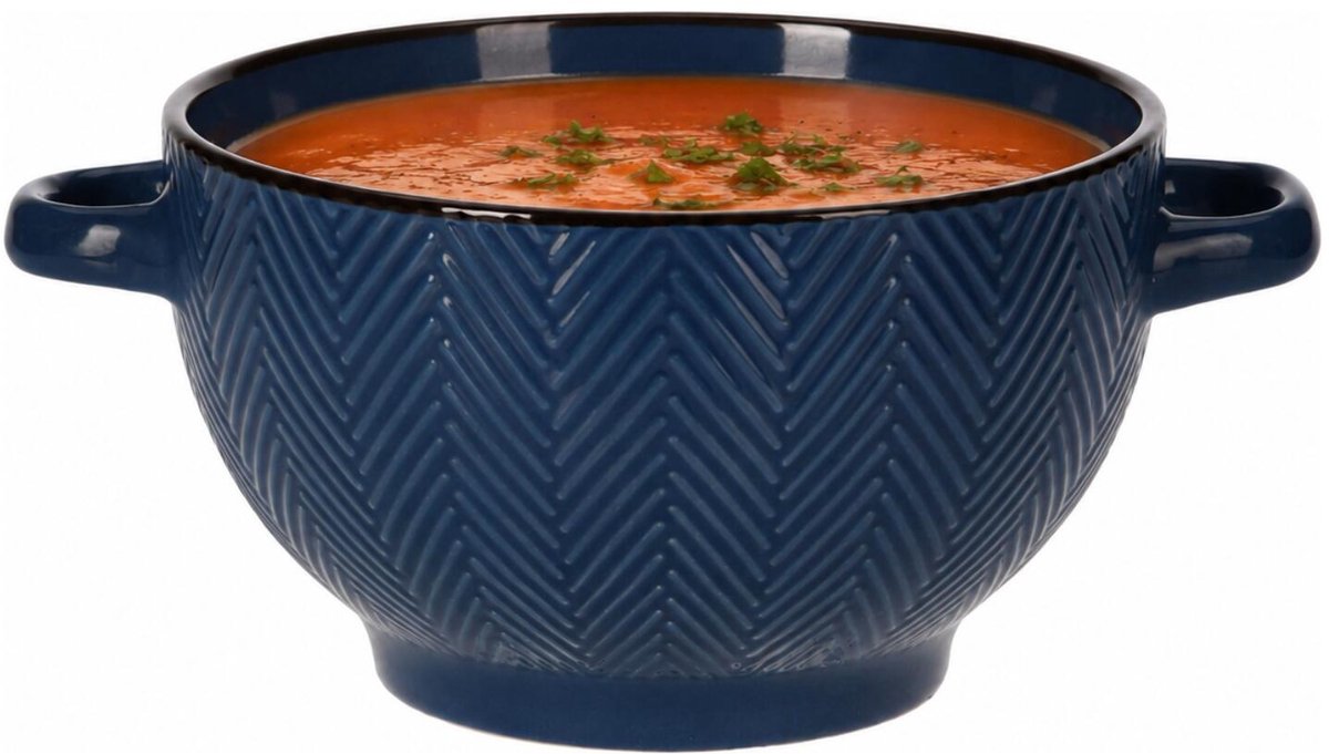 Siaki Soepkom Fishbone - met oor blauw - 14 x 18 x 8 cm - keramiek - kommetjes/schaaltjes - 680 ml