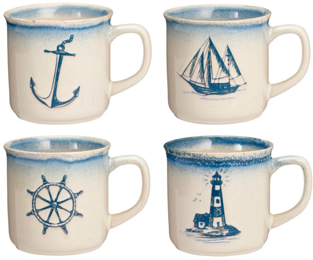Bellatio Design Koffie / thee mok Nautic - 4x stuks - blauw - 300 ml - mokken - kopjes