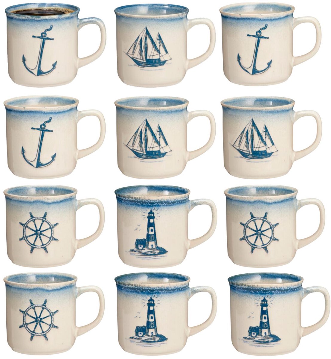 Bellatio Design Koffie / thee mok Nautic - 12x stuks - blauw - 300 ml - mokken - kopjes