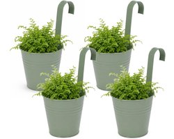 Progarden Bloempotje met haak - 4x - plantenbak zink met ophanghaak - groen - 20 x 13 x 26 cm - ophangbaar- Balkon/schutting plantenpot