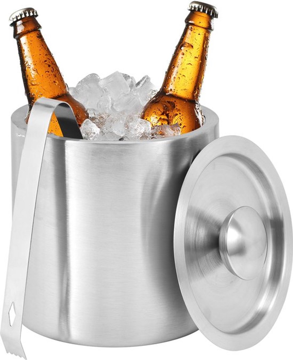 1,3L roestvrijstalen ijsemmer met deksel en tang, kleine ijskoeler met dubbele wand voor cocktails, bier, wijn en champagne. Houd drankjes langer bevroren. Thuis in bars en op feestjes in de buitenlucht.