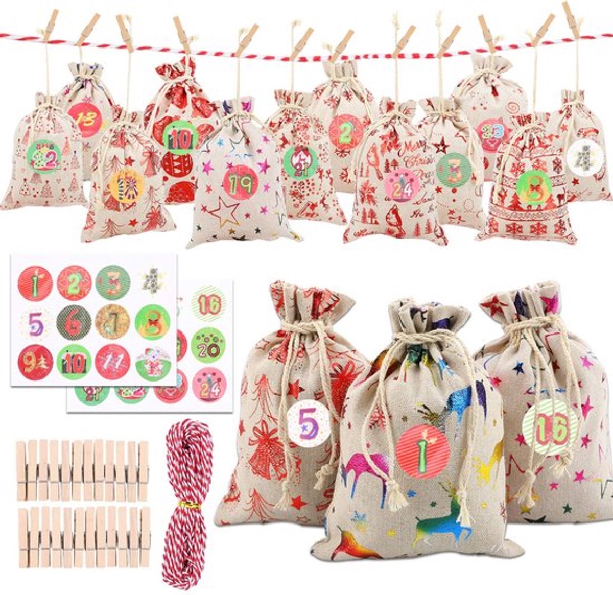Kerst adventskalender tassen, kleine tassen, 24 hangende adventskalender jute koord geschenken zakken DIY adventskalender om te vullen, kerst Countdown decoraties met nummers stickers, clips, touw