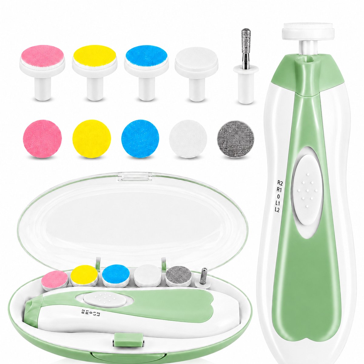 BOTC Elektrische Babynagelvijl 6-in-1 - Babynageltrimmer met 6 Opzetstukken - Zachte Nagelverzorging voor Baby’s & Kinderen - Groen