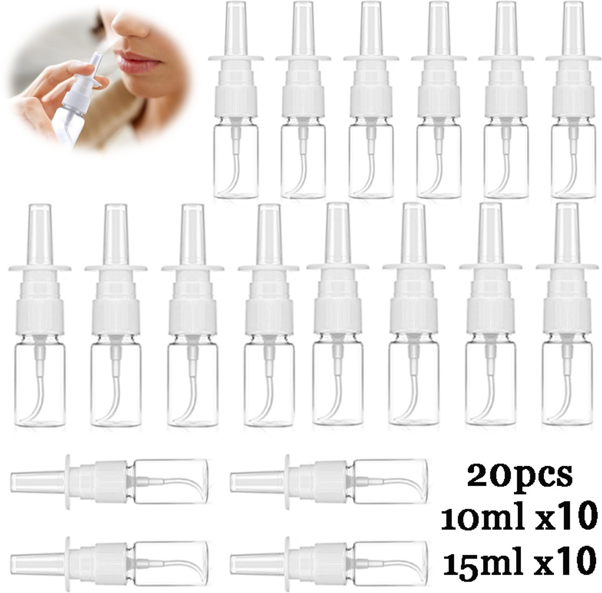 OUYLAF 20 stuks - neusspray flesje - navulbare neuspomp fles - 10ml+15ml - Neusspray Flesjes 15 ml - neusspray vernevelaar - transparant sprayflesje voor neus - hervulbare nasal spray fles - kleine neusspray pomp fles