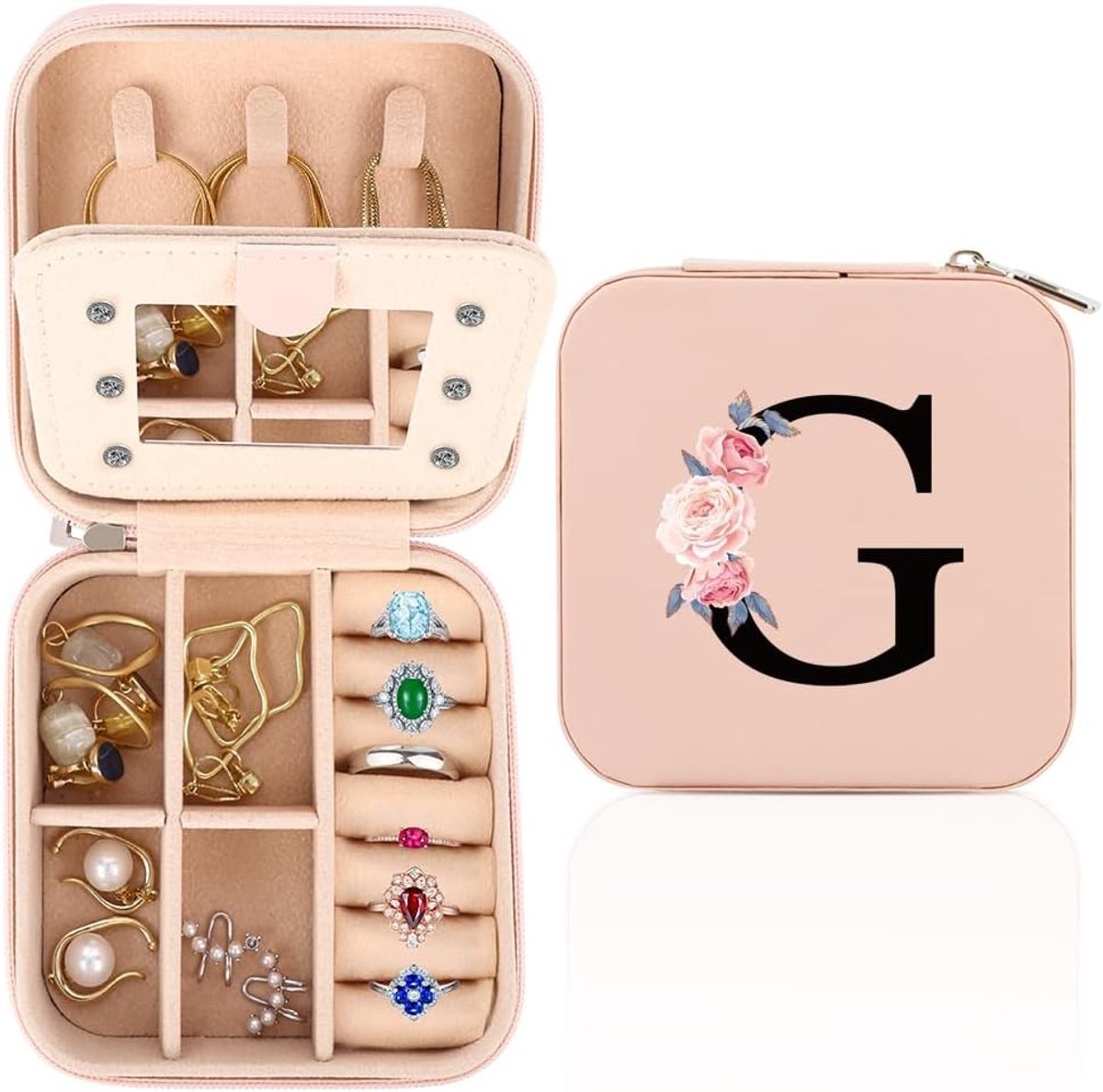 Reisjuwelendoos voor Vrouwen, Gepersonaliseerde Juwelendoos met Spiegel, Compacte Juwelenorganiser, Perfect Cadeau voor Verjaardag en Speciale Gelegenheden