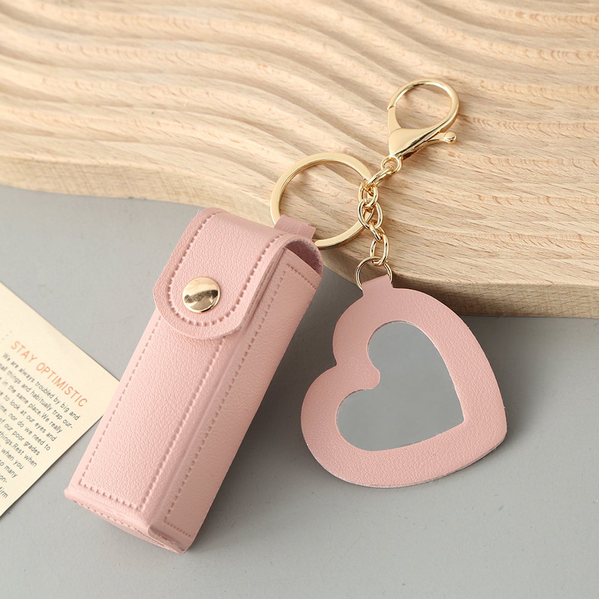 Roze PU lippenstift opberg etui sleutelhanger met hartspiegel - compact make-up zakje voor lipstick draagbare sleutelhanger accessoire