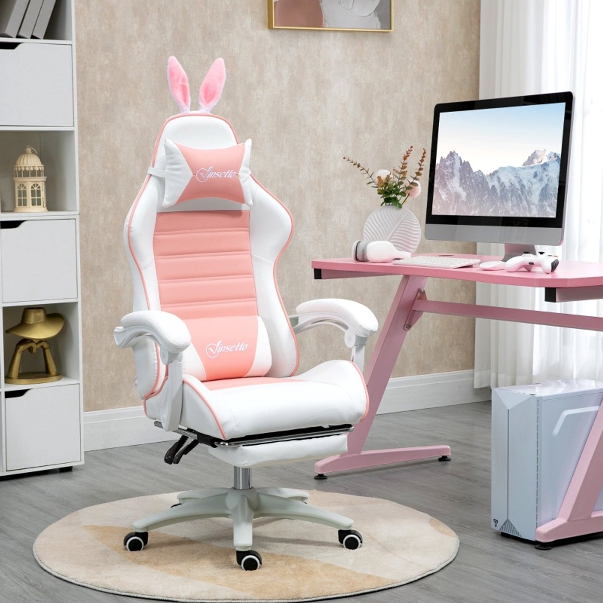 MODENUIT Gamingstoel 65 x 63 x 142 cm - 135° Kantelbaar met Voetsteun - Voor Bureau - Kunstleer Roze