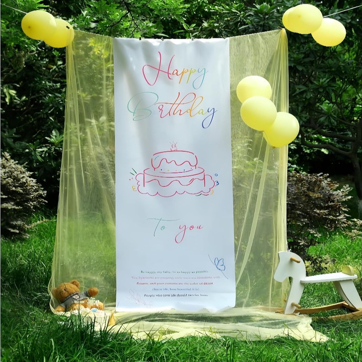 Verjaardagsdecoratieset met 24 stuks in geel, inclusief tule, ballonnen en linten voor een feestelijke sfeer binnen en buiten